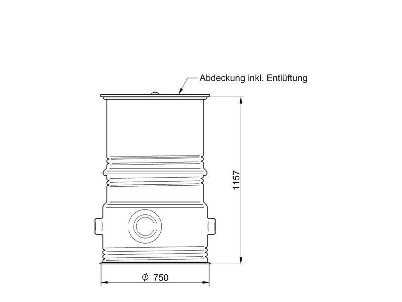 Maßzeichnung Domschacht mit Deckel Höhe 1157mm