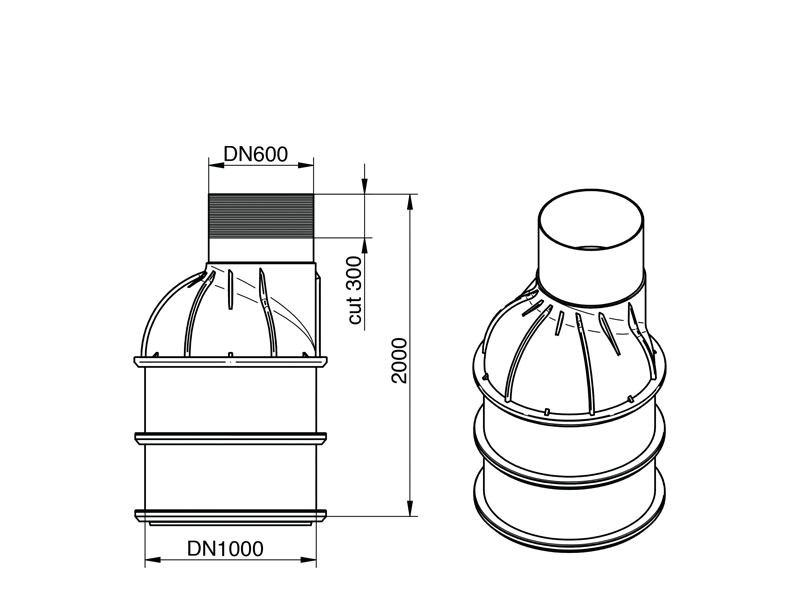 Sickerschacht Maßzeichnung Höhe 2000mm | 1.200 Liter